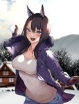  1girl :d animal_ears blue_eyes blue_pants blurry blurry_background blush breasts brown_gloves brown_hair clouds cloudy_sky coat commentary_request day denim depth_of_field forest fox_ears fur_trim gloves grey_sweater hair_between_eyes hand_up hiiragi_yuuichi house jeans large_breasts long_hair long_sleeves looking_at_viewer nature open_clothes open_coat open_mouth original outdoors pants purple_coat sky smile snow snowball snowball_fight solo standing tree upper_body winter_clothes winter_coat 