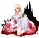  1girl alte_rose alternate_costume bandage blonde_hair blood blood_on_face blood_stain bloody_clothes bloody_dress commentary_request dress earrings flower full_body garter_straps hair_over_one_eye halloween iwashiro_byou jewelry long_hair looking_at_viewer marchen nail_polish red_eyes red_nails rose solo sound_horizon thigh-highs torn_clothes white_dress white_flower white_rose 