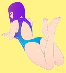  1girl ass back_cutout barefoot breasts competition_swimsuit feet feet_up flat_color from_behind full_body legs_up looking_at_viewer looking_back lying medium_hair on_stomach one-piece_swimsuit original razalor solo swimsuit the_pose toes yellow_background 