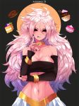 1girl android_21 black_nails black_sclera bracelet breasts cake character_name cleavage cupcake doughnut dragon_ball dragon_ball_fighterz earrings food hoop_earrings ivorare jewelry large_breasts long_hair looking_at_viewer macaron majin_android_21 messy_hair monster_girl nail_polish navel pink_hair pink_skin pointy_ears red_eyes solo stomach strapless tubetop upper_body very_long_hair 