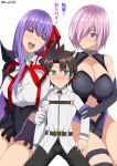  1boy 2girls bb_(fate/extra_ccc) breasts fate/grand_order fate_(series) fujimaru_ritsuka_(male) gloves hair_ribbon highres kloah large_breasts looking_down mash_kyrielight multiple_girls naughty_face purple_hair red_ribbon ribbon short_hair simple_background skirt thighs violet_eyes white_background white_gloves 
