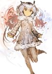  1girl absurdres bangs bird_tail eyebrows_visible_through_hair fur_trim hair_between_eyes head_wings highres jacket kaamin_(mariarose753) kemono_friends looking_at_viewer multicolored_hair northern_white-faced_owl_(kemono_friends) pantyhose solo standing standing_on_one_leg white_background white_hair white_legwear wings yellow_eyes 