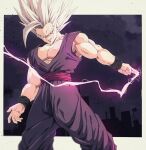  1boy baggy_pants bare_shoulders biceps black_wristband border bure_(fantasticyouth7) closed_mouth clouds cloudy_sky collarbone commentary dougi dragon_ball dragon_ball_super dragon_ball_super_super_hero electricity energy gohan_beast grey_hair highres looking_at_viewer male_focus muscular muscular_male outside_border pants pectorals purple_pants red_eyes red_sash sash silhouette sky smile smirk solo son_gohan spiky_hair standing v-shaped_eyebrows white_border wristband 