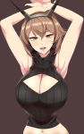  1girl armpits bangs black_sweater blush breasts brown_background brown_hair cleavage eyebrows_visible_through_hair flipped_hair green_eyes hair_between_eyes hand_on_own_wrist hands_above_head headgear highres kantai_collection kloah large_breasts looking_at_viewer meme_attire midriff mutsu_(kantai_collection) navel open-chest_sweater open_mouth shiny shiny_hair short_hair simple_background sleeveless solo sweater turtleneck upper_body virgin_killer_sweater 