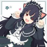  1girl :d animal_ears black_hair blush border cat_ears clenched_hands commentary_request eyebrows_visible_through_hair eyepatch fang gothic_lolita hairband heart lolita_fashion lolita_hairband long_hair long_sleeves looking_at_viewer miicha mirai_(senran_kagura) open_mouth outside_border paw_pose red_eyes senran_kagura senran_kagura_(series) smile solo twitter_username very_long_hair white_background 