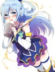  aqua_(konosuba) bare_shoulders blue_eyes blue_footwear blue_hair blue_legwear blue_shirt blue_skirt boots bow cup detached_sleeves drink green_bow hair_ornament hair_rings kono_subarashii_sekai_ni_shukufuku_wo! open_mouth shirt skirt thigh-highs thigh_boots 