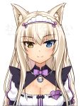  1girl animal_ears bell blonde_hair blue_eyes bow bowtie breasts cat_ears character_name cleavage cleavage_cutout coconut_(sayori) commentary eyebrows_visible_through_hair eyes_visible_through_hair heterochromia jingle_bell kaafi long_hair looking_at_viewer maid maid_headdress name_tag nekopara puffy_short_sleeves puffy_sleeves purple_neckwear ribbon-trimmed_clothes ribbon_trim short_sleeves simple_background slit_pupils smile solo watermark white_background yellow_eyes 