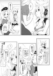  2girls braid comic dress earmuffs greyscale hat highres long_hair makuwauri monochrome multiple_girls nurse_cap pointy_hair shirt short_hair single_braid skirt sleeveless sleeveless_shirt touhou toyosatomimi_no_miko translation_request yagokoro_eirin 