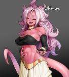  1girl android_21 bare_shoulders black_nails black_sclera bracelet breasts burakku-ra cleavage commentary detached_sleeves dragon_ball dragon_ball_fighterz fangs highres jewelry large_breasts looking_at_viewer majin_android_21 messy_hair monster_girl nail_polish navel open_mouth pink_hair pink_skin pointy_ears red_eyes smile solo stomach strapless tail toned tongue tongue_out tubetop upper_body 