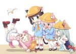  &gt;_&lt; 4girls ahenn animal_ears arm_hug arms_up azur_lane banana_peel bandaid bandaid_on_knee bangs bare_shoulders bell blue_shirt blunt_bangs blush boots bow bowtie brown_footwear brown_hair candy cat_ears cat_girl cat_tail collarbone commentary_request dog_ears dog_girl dog_tail ears_through_headwear eating eyebrows_visible_through_hair food green_eyes green_hair hair_between_eyes hair_bow hand_on_own_knee hat hat_removed hat_ribbon headwear_removed holding holding_food holding_lollipop jingle_bell kindergarten_uniform kisaragi_(azur_lane) kneehighs lifebuoy lollipop long_hair looking_at_another loose_socks mary_janes mikazuki_(azur_lane) multiple_girls mutsuki_(azur_lane) neckerchief no_shoes nose_blush off_shoulder open_mouth outstretched_arms pantyhose pink_hair pink_neckwear pink_shirt pleated_skirt pocket profile red_bow red_ribbon ribbon school_hat shirt shoes short_hair skirt slipping socks squatting striped striped_legwear tail tail_bell tail_bow taiyaki uzuki_(azur_lane) very_long_hair violet_eyes wagashi wavy_mouth white_background white_legwear white_skirt yellow_hat yellow_neckwear yellow_skirt 