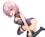  1girl bare_arms bare_shoulders black_legwear black_leotard blurry blush breasts cleavage cleavage_cutout depth_of_field dutch_angle eyebrows eyes_visible_through_hair fate/grand_order fate_(series) ganik hair_over_one_eye hands_on_own_legs highres large_breasts leotard looking_at_viewer mash_kyrielight nail_polish no_shoes open_mouth purple_hair purple_nails shiny shiny_skin short_hair simple_background sitting solo thigh-highs tongue violet_eyes wariza white_background 