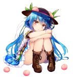  1girl :t bangs bare_legs black_hat blue_hair blue_skirt boots brown_footwear commentary_request efe eyebrows_visible_through_hair food fruit hat hinanawi_tenshi knees_together_feet_apart knees_up long_hair looking_at_viewer miniskirt panties pantyshot pantyshot_(sitting) peach pink_panties pout puffy_short_sleeves puffy_sleeves red_eyes shirt short_sleeves simple_background sitting skirt solo touhou underwear very_long_hair white_background white_shirt 
