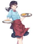  1girl apron black_hair blouse blue_blouse bow bowtie cafe_maid cowboy_shot fangxiang_cuoluan food highres koi_wa_ameagari_no_you_ni long_hair looking_at_viewer name_tag omurice open_mouth pie ponytail simple_background solo tachibana_akira violet_eyes 