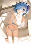  1girl :o absurdres armchair bangs bare_arms bare_shoulders blue_eyes blue_hair blunt_bangs blush bra breasts chair checkered checkered_floor cleavage collarbone cover cover_page crossed_arms day detexted doujin_cover from_above grey_bra grey_panties groin hair_ornament hair_over_one_eye hair_ribbon hairband highres indoors lace lace-trimmed_bra lingerie lolita_hairband looking_at_viewer lying maid_headdress matsui_hiroaki medium_breasts navel on_back open_mouth panties purple_ribbon re:zero_kara_hajimeru_isekai_seikatsu rem_(re:zero) ribbon scan shiny shiny_hair short_hair solo stomach sunlight tareme thighs underwear underwear_only upside-down x_hair_ornament 
