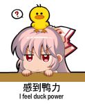  1girl ? animal animal_on_head bird bow chibi chinese commentary_request duck english eyebrows_visible_through_hair fujiwara_no_mokou hair_bow looking_at_viewer lowres on_head red_eyes shangguan_feiying simple_background spoken_question_mark touhou translation_request v-shaped_eyebrows white_background white_bow white_hair 