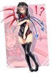  !? 1girl asymmetrical_wings bang bare_arms black_hair black_legwear black_panties blush bow bowtie breast_hold breasts dress dress_tug embarrassed fang finger_gun full_body highres houjuu_nue medium_breasts microdress no_shoes ototobe panties red_eyes red_neckwear short_sleeves solo standing tears thigh-highs touhou underwear wavy_mouth wings zoom_layer 