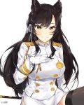  1girl animal_ears atago_(azur_lane) azur_lane bangs black_legwear blush breasts brown_hair closed_mouth commentary_request double-breasted gloves hair_between_eyes hair_ribbon highres jacket katana large_breasts long_hair long_sleeves looking_at_viewer military military_uniform ribbon signature simple_background sitting smile solo sword thigh-highs tuxedo_de_cat uniform very_long_hair weapon white_background white_gloves white_jacket white_ribbon yellow_eyes 