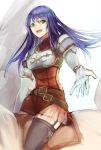  1girl armor artist_request blue_eyes blue_hair cape elbow_gloves fingerless_gloves fire_emblem fire_emblem:_mystery_of_the_emblem gloves long_hair open_mouth pegasus_knight polearm sheeda smile solo thigh-highs weapon 