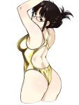  1girl akizuki_ritsuko antenna_hair armpits arms_up ass back back_cutout bangs bare_arms bare_shoulders black-framed_eyewear blunt_bangs blush breasts brown_eyes brown_hair closed_mouth competition_swimsuit cowboy_shot cropped_legs eyebrows_visible_through_hair folded_ponytail glasses highres humiyou idolmaster medium_breasts one-piece_swimsuit shiny shiny_clothes shiny_hair short_hair sidelocks simple_background smile solo standing swimsuit white_background yellow_swimsuit 