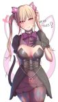  1girl :q alternate_costume argyle argyle_legwear arm_behind_back bangs beads bell bell_choker black_cat_d.va black_dress black_gloves blonde_hair blush bow bowtie breast_tattoo breasts cat_tail choker collarbone commentary_request corset cowboy_shot d.va_(overwatch) dress ear_piercing earrings english eyebrows_visible_through_hair facial_mark glint gloves hair_between_eyes hair_ribbon half-closed_eyes hand_on_own_chest hand_up head_tilt heart heart_earrings jewelry jingle_bell large_breasts legs_together long_hair looking_at_viewer motion_lines naughty_face nikuku_(kazedesune) nose_blush overwatch pantyhose piercing pink_bow pink_eyes pink_legwear pink_neckwear pink_ribbon puffy_short_sleeves puffy_sleeves purple_legwear ribbon shade short_dress short_sleeves sidelocks smile solo standing tail tattoo thighs tongue tongue_out twintails whisker_markings white_background 