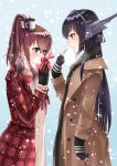  2girls alternate_costume aqua_eyes black_gloves black_hair black_scarf blush breath brown_coat brown_hair checkered_clothing coat commentary_request covering_mouth cowboy_shot eyebrows_visible_through_hair gift gloves hair_between_eyes hair_ornament headgear itsuwa_(continue) kantai_collection long_hair multiple_girls nagato_(kantai_collection) partly_fingerless_gloves pointing pointing_at_self red_coat red_eyes saratoga_(kantai_collection) scarf side_ponytail sidelocks smokestack snow snowing valentine white_scarf yuri 