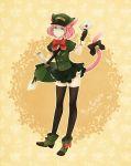  1boy animal_ears bell black_bow black_gloves black_legwear black_skirt blue_eyes bow cat_ears cat_tail copyright_name full_body gloves green_footwear green_hat hand_up hat highres jingle_bell lll7elll mail mailbag male_focus orange_background pink_hair pixiv_fantasia pixiv_fantasia_fallen_kings red_bow scroll shoes short_hair skirt solo standing tail thigh-highs trap vest 