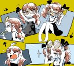  1girl barefoot brown_eyes brown_hair brushing_teeth camisole closed_eyes drill_hair eyewear_on_head glasses grin hair_ribbon long_hair multiple_views open_mouth pale_skin ribbon sitting smile sparkle tears touhou twin_drills tying_hair yawning yorigami_jo&#039;on yt_(wai-tei) 