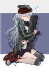 1girl absurdres ammunition_pouch artist_name assault_rifle bangs belt black_shorts blush brown_eyes buckle character_name eyebrows_visible_through_hair g11 g11_(girls_frontline) gh_(chen_ghh) girls_frontline green_hat green_jacket gun hair_between_eyes half-closed_eye hat head_tilt highres holding holding_gun holding_weapon jacket knee_pads long_hair long_sleeves looking_at_viewer messy_hair one_eye_closed open_clothes open_jacket open_mouth purple_scarf red_footwear red_scarf rifle scarf scarf_on_head shirt shoes shorts sidelocks silver_hair simple_background sitting sneakers solo thigh_strap thighs untied_shoes very_long_hair wariza weapon white_shirt 