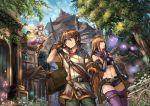  1boy 2girls animal_ears ankoku_broccoli blue_eyes brown_hair building commentary elbow_gloves fairy fairy_wings fantasy flying gloves long_hair midriff multiple_girls original pointing pouch sheath sheathed short_shorts shorts sword thigh-highs tree weapon wings 