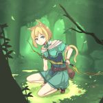  1girl animal_ears aqua_eyes belt blonde_hair bow commentary_request detached_collar dress forest nature off_shoulder one_knee original peroncho quiver sandals short_hair solo tail 