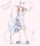  1girl blonde_hair blue_eyes blue_ribbon full_body geta hair_between_eyes hair_ribbon hand_up hat looking_at_viewer m.u.g.e.n miniskirt moriya_suwako pleated_skirt ribbon ribbon-trimmed_sleeves ribbon_trim rion_(glayjirobass) shawl shirt skirt sleeves_past_wrists solo standing thigh-highs touhou tress_ribbon white white_hat white_legwear white_shirt wide_sleeves 