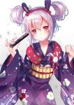  1girl :o absurdres animal_ears azur_lane bangs blush bow brown_eyes collarbone commentary_request double_bun eyebrows_visible_through_hair hair_between_eyes hair_bow hairband head_tilt highres holding japanese_clothes kimono laffey_(azur_lane) long_sleeves looking_at_viewer nekoko_(windcat429) obi parted_lips pinching_sleeves print_kimono purple_kimono rabbit_ears red_bow red_hairband sash silver_hair solo wide_sleeves 