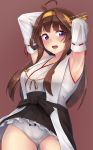  1girl armpits black_skirt blush boots breasts brown_hair detached_sleeves double_bun from_below hairband headgear highres hinacalibur japanese_clothes kantai_collection kongou_(kantai_collection) lips long_hair nontraditional_miko open_mouth panties purple_background remodel_(kantai_collection) ribbon-trimmed_sleeves ribbon_trim skirt smile solo thigh-highs thigh_boots underwear violet_eyes white_panties 