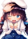 1girl bangs beret blue_eyes blush brown_hair commentary_request dress eyebrows_visible_through_hair fal hand_on_another&#039;s_head hat hinatsuru_ai long_hair long_sleeves looking_at_viewer low_twintails one_eye_closed open_mouth petting ryuuou_no_oshigoto! school_uniform twintails very_long_hair 