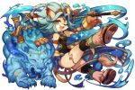  1girl animal_ears armlet blue_eyes blue_hair bright_pupils cat_ears cat_tail claws fang fullbokko_heroes fur furry holding holding_weapon kishibe official_art one_eye_closed open_mouth sandals simple_background solo sparkle tail thigh_strap weapon white_background wrist_cuffs 