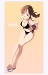  1girl absurdres anklet ball beachball bikini black_swimsuit bracelet breasts brown_eyes brown_hair character_request flower hageshii_nakano hair_flower hair_ornament highres jewelry medium_breasts necklace ponytail sandals swimsuit 