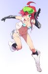  1girl bikini bikini_top blue_eyes feguimel goggles goggles_on_head highres licking_lips looking_to_the_side luluco navel open_clothes open_vest redhead short_shorts shorts smile solo stomach striped striped_bikini swimsuit tongue tongue_out trigger-chan trigger_(company) uchuu_patrol_luluco vest 