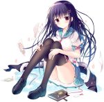  1girl black_hair black_legwear book bookmark bow breasts brown_eyes closed_mouth grimoire hair_bow highres long_hair magic_circle medium_breasts original pout school_uniform serafuku sitting sousouman thigh-highs white_background 