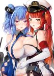  2girls azur_lane bangs bare_shoulders blue_hair blush bow breast_press breasts buttons cowboy_shot detached_collar elbow_gloves from_side gloves hair_bow honolulu_(azur_lane) large_breasts looking_at_viewer macchiato_(jae-min_cho) machinery multiple_girls open_mouth red_eyes redhead st._louis_(azur_lane) standing twintails white_gloves 