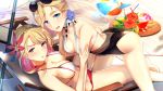  2girls alternate_costume armpits azur_lane ball bangs barefoot beach beachball bikini blonde_hair blue_eyes blush braid breasts chair choker cleavage collarbone crown_braid cup drink drinking_glass drinking_straw earrings eyewear_on_head flower french_braid hair_ornament hand_on_another&#039;s_arm hibiscus hood_(azur_lane) jewelry large_breasts long_hair looking_at_viewer multicolored multicolored_bikini multicolored_clothes multiple_girls o-ring open_mouth prince_of_wales_(azur_lane) red_eyes shiny shiny_skin short_hair smile sunglasses swept_bangs swimsuit table tareme thighs umbrella yuuki 