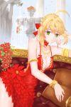  1girl absurdres armlet blonde_hair bracelet braid breasts choker cleavage collarbone couch covered_navel crown_braid day dress evan_(912319) eyebrows_visible_through_hair fate/extra fate_(series) flower fountain green_eyes hair_between_eyes hair_bun hair_intakes hair_ribbon highres jewelry looking_at_viewer lying medium_breasts necklace nero_claudius_(fate) nero_claudius_(fate)_(all) on_side petals pillow pink_lips red_choker red_dress red_flower red_ribbon ribbon solo spaghetti_strap statue thighs water 