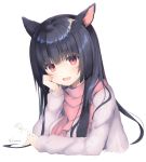  1girl animal_ears artist_name bangs black_hair blush breasts cat_ears eyebrows_visible_through_hair facial_mark fang final_fantasy final_fantasy_xiv hand_on_own_cheek kanora long_hair long_sleeves looking_at_viewer medium_breasts miqo&#039;te open_mouth pink_scarf red_eyes scarf shiny shiny_hair simple_background solo sweater upper_body whisker_markings white_background white_sweater 