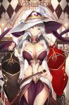  1girl blue_eyes breasts cleavage hat highres large_breasts limeblock open_mouth original white_hair witch_hat 