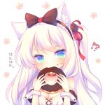  !? 1girl animal_ears azur_lane bangs bare_shoulders black_bow black_hairband blue_eyes blush bow breasts cat_ears cat_hair_ornament chocolate chocolate_doughnut chocolate_on_face choker cleavage collarbone doughnut eating eyebrows_visible_through_hair food food_on_face frilled_hairband hair_bow hair_ornament hair_ribbon hairband hammann_(azur_lane) head_tilt holding holding_food long_hair one_side_up puffy_short_sleeves puffy_sleeves red_choker red_ribbon remodel_(azur_lane) ribbon sakurato_ototo_shizuku short_sleeves sidelocks silver_hair small_breasts solo translated v-shaped_eyebrows white_background wrist_cuffs 