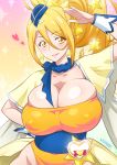  1girl blonde_hair blush breasts cleavage collarbone cowboy_shot cure_etoile dress hat heart huge_breasts hugtto!_precure jewelry joy_ride looking_at_viewer mini_hat precure smile yellow_eyes 