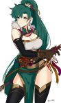  1girl absurdres alternate_costume breasts dotentity dress fire_emblem fire_emblem:_rekka_no_ken fire_emblem_cipher green_eyes green_hair high_ponytail highres jewelry large_breasts long_hair looking_at_viewer lyndis_(fire_emblem) ponytail simple_background solo very_long_hair white_background 