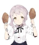  &gt;:) 1girl bangs black_skirt chicken_leg closed_mouth club_(shape) commentary_request diamond_(shape) food hands_up head_tilt heart highres holding holding_food idolmaster idolmaster_million_live! looking_at_viewer makabe_mizuki ooyama_imo shirt short_sleeves sidelocks silver_hair simple_background skirt smile solo spade_(shape) v-shaped_eyebrows white_background white_shirt yellow_eyes 