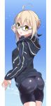  1girl ahoge aqua-framed_eyewear artoria_pendragon_(all) ass bike_shorts black_shorts blonde_hair blue_background blush border braid cowboy_shot eyebrows_visible_through_hair fate/grand_order fate_(series) from_behind glasses hair_between_eyes highres hood hoodie long_sleeves looking_back mysterious_heroine_x_(alter) open_mouth outside_border shorts solo standing suppa_(hagakuresuppa) yellow_eyes 