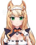 1girl :3 animal_ears bell blonde_hair bow bowtie breasts cat_ears character_name cleavage cleavage_cutout commentary curly_hair eyebrows_visible_through_hair green_eyes jingle_bell kaafi long_hair looking_at_viewer maid maid_headdress maple_(sayori) medium_breasts name_tag nekopara orange_neckwear puffy_short_sleeves puffy_sleeves ribbon-trimmed_clothes ribbon_trim short_sleeves simple_background smile solo watermark white_background wrist_cuffs 