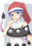  1girl :3 bangs bare_shoulders black_dress blue_eyes blue_hair blush breasts doremy_sweet dress eyebrows_visible_through_hair grey_background hat highres kuroki_horse looking_at_viewer medium_breasts multicolored multicolored_clothes multicolored_dress parted_lips pom_pom_(clothes) santa_hat short_hair sidelocks simple_background solo swept_bangs tail tapir_tail touhou two-tone_background upper_body white_background white_dress 